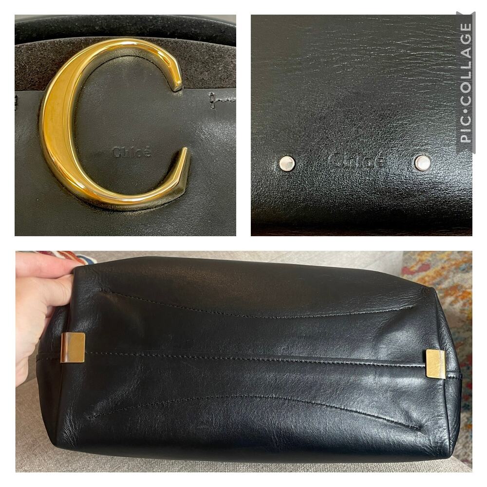 Chloe Shiny Black Leather C Zip Top Shopper Tote Shoulder Bag Carryall Small - Picture 7 of 11